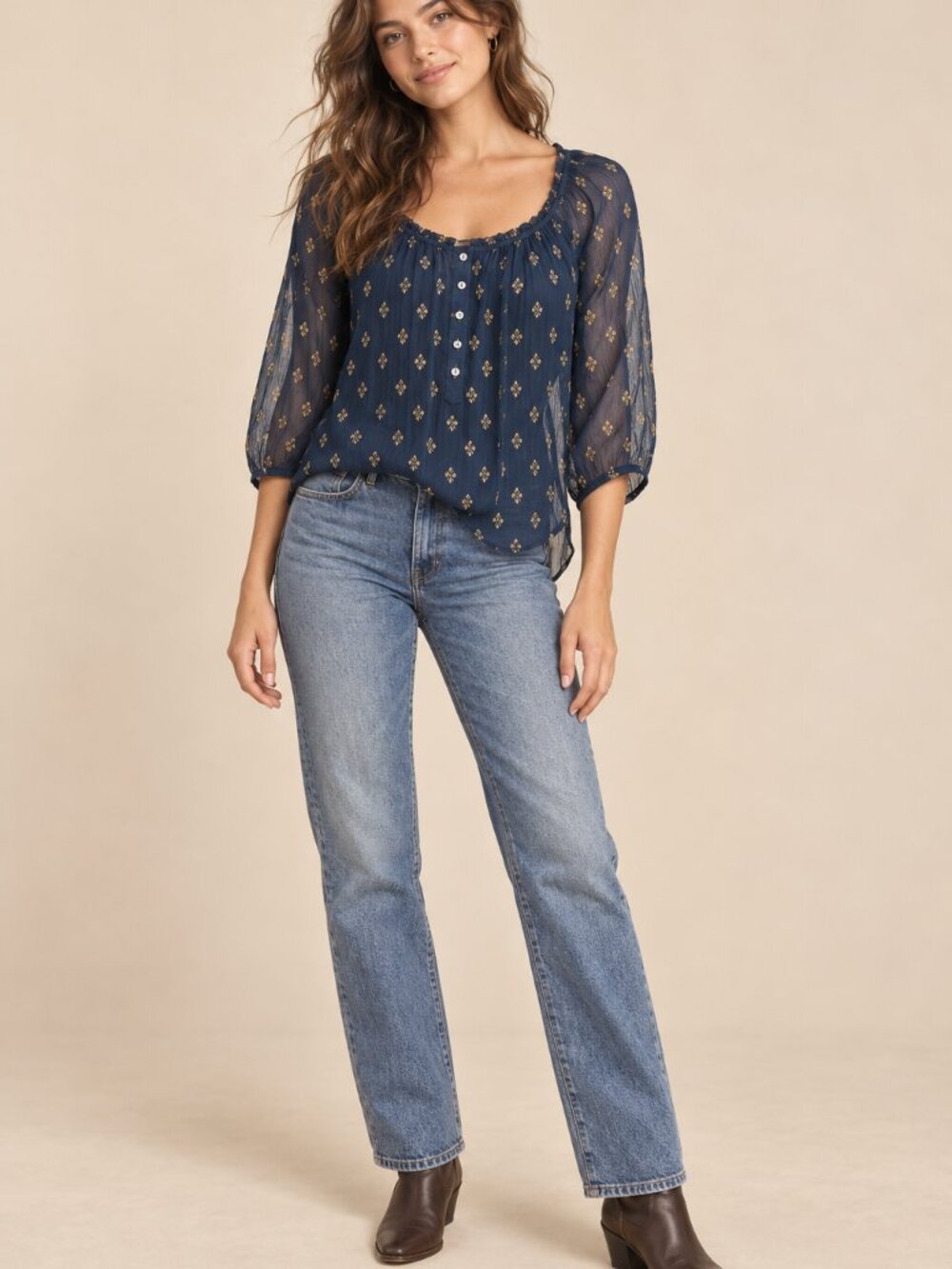 Abercrombie & Fitch Navy Sheer Blouse XS Gold Geometric Diamond Print